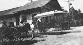 Wagon and trolley at the railroad depot - Fort Myers, Florida.