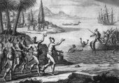 Le Moyne lithograph of Timucua Indians greeting the French - Florida