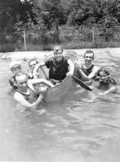 Mary Parmenter in a pool with friends and a tin bathtub boat - Jacksonville, Florida