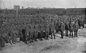 Soldiers massed next to railroad cars - Camp Joseph E. Johnston