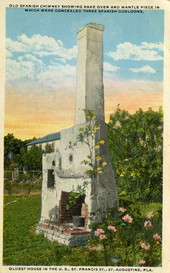 Old Spanish Chimney showing bake oven and mantle piece in which were concealed three Spanish doubloons, Oldest House in the U.S., St. Francis St., St. Augustine, Fla.