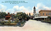 Looking west on Cathedral Street from sea wall, slave market to the left, Hotel Ponce de Leon in distance, Saint Augustine, Florida.