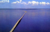 Aerial view of Howard Frankland Bridge and causeway - Pinellas County, Florida