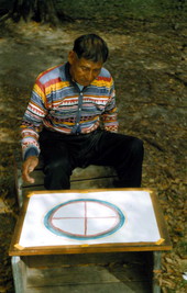 Gotch Nagotfee looking at a Wheel of Life painting