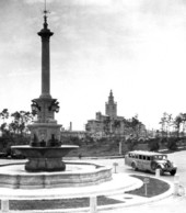De Soto Fountain in De Soto Plaza, with Miami Biltmore Hotel in the distance - Coral Gables, Florida