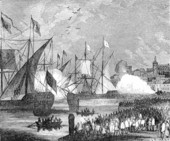 Drawing of Hernando de Soto setting sail to conquer Florida, 1532