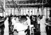 Inside a lima bean packing shed in Hawthorne
