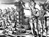 Natives worshipping erected column