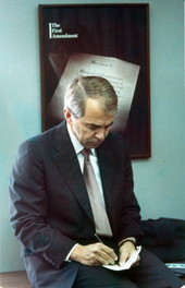 Former U.S. Senator Paul Tsongas makes notes - Tallahassee, Florida