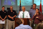 Department of Homeland Security Secretary Michael Chertoff addressing the media during Tropical Storm Ernesto.