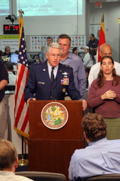 Major General Douglas Burnett addressing the media at the State Emergency Operations Center during Tropical Storm Ernesto.