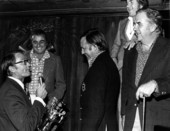 Tonight Show announcer Ed McMahon, right, watching as the Budweiser Cup is presented to winner at Le Club International regatta - Fort Lauderdale, Florida.