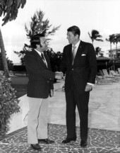 Walter Banks, president of the Lago Mar Country Club, shaking hands with Ronald Reagan - Fort Lauderdale, Florida