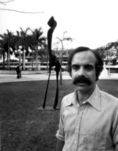 Artist Jay Fuhrman with his sculpture "Still Watcher" at the Miami-Dade Community College south campus - Kendall, Florida