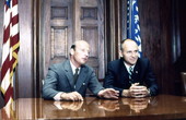 NASA Astronauts Charles "Pete" Conrad and Alan Bean in a press conference.