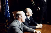 NASA Astronauts Charles "Pete" Conrad and Alan Bean in a press conference.