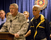 Adjutant General of Florida Major General Douglas Burnett addressing news reporters on Tropical Storm Fay.