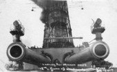 Tthe 12-inch main guns were known as the "Peace makers". Note the cage mast in the background.