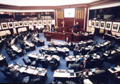 Interior view overlooking the Florida House chamber during a session in Tallahassee, Florida.