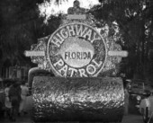 View of the Florida Highway Patrol float ready for Governor Dan McCarty's inaugural parade in Tallahassee, Florida.