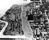 Aerial view looking south over Bayfront Park and Biscayne Blvd. in Miami, Florida.