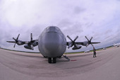 Fisheye view of the U.S. Air Force turboprop airplane used to transport Governor Charlie Crist during Tropical Storm Fay.