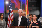Secretary of State Kurt Browning addressing the media at the State Emergency Operations Center during a Tropical Storm Fay briefing - Tallahassee, Florida..