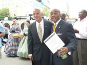 Governor Charlie Crist with state Representative Alan Williams, D-Tallahassee, in front of the Knott House in Tallahassee during the annual Emancipation Day reading of Lincoln's famous proclamation.
