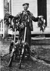 End of a successful day of hunting : A man posing with his catch of quail and rabbits - Hawthorne, Florida