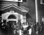Members of the Sigma Chi fraternity singing outside the Delta Delta Delta sorority - Tallahassee, Florida