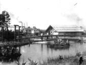 Three men with axes on footbridge - Duval County, Florida
