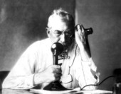 W.G. Brorein placing first transatlantic call from Tampa to London