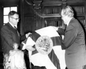 Secretary of State Tom Adams (left) presenting Florida State Flag to President Guillermo Leon-Valencia - Bogotá, Colombia
