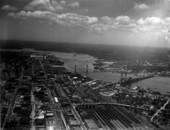 Aerial view showing the Saint Johns River winding through the city of Jacksonville - Duval County, Florida.
