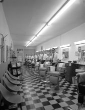 Interior view of the Seminole Barber Shop in Tallahassee, Florida.