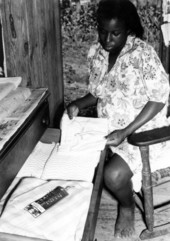 Expectant mother checking over her supplies.