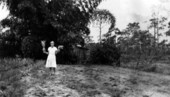 Woman showing Florida grown pineapples.