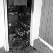 Interior view showing fire damage from arson to a house at 1122 N. Bronough St. in Tallahassee, Florida.