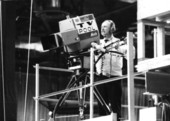 Television camera man on a scaffold - Miami Beach, Florida