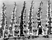 Members of the All-American Girls Professional Baseball League take part in calisthenics - Opa-locka, Florida