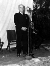 Ambassador Alfaro addresses the crowd at the dedication of the bronze memorial to Eloy Alfaro at the Oldest Schoolhouse - Saint Augustine, Florida