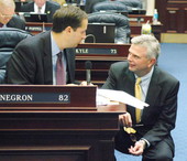 Rep. Mark Mahon, R-Jacksonville, right, and Fiscal Council Chairman Joe Negron, R-Stuart, left, confer on the House floor during the 2006 Legislature..