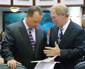 Rep. David Mealor, R-Lake Mary, right, confers with Speaker designate Rep. Ray Sansom, R-Fort Walton Beach, left, on the House floor April 10, 2007, in Tallahassee, Florida..