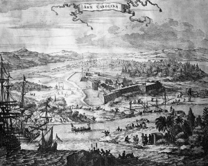 Engraving of a city with fortified triangular walls, ships in the harbor, and groups of people on the shoreline with a background of hills and forests.