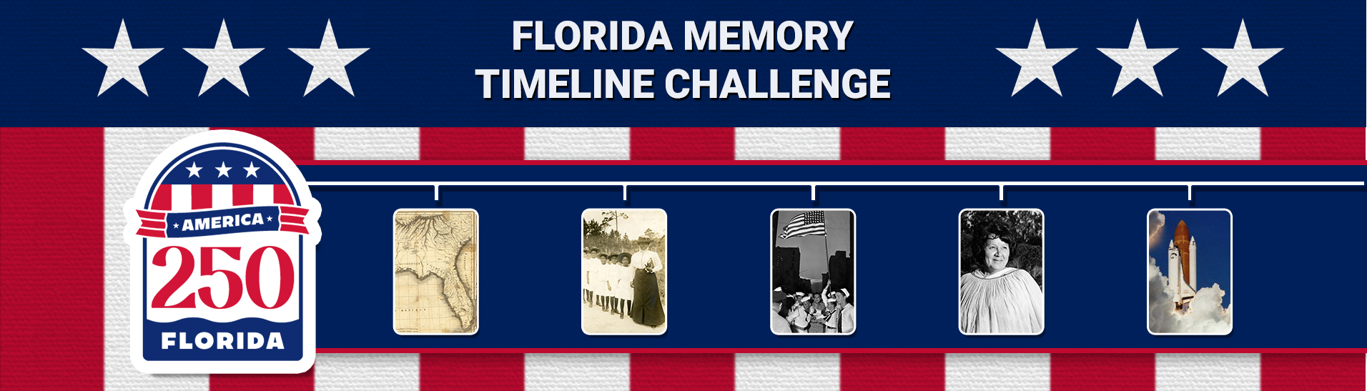 Florida Memory Timeline Challenge banner image with vertical American flag background and smaller images in a line, including a map of Florida, Mary McLeod Bethune, people celebrating V-J Day, Betty Mae Tiger Jumper, and the Challenger space shuttle launch.